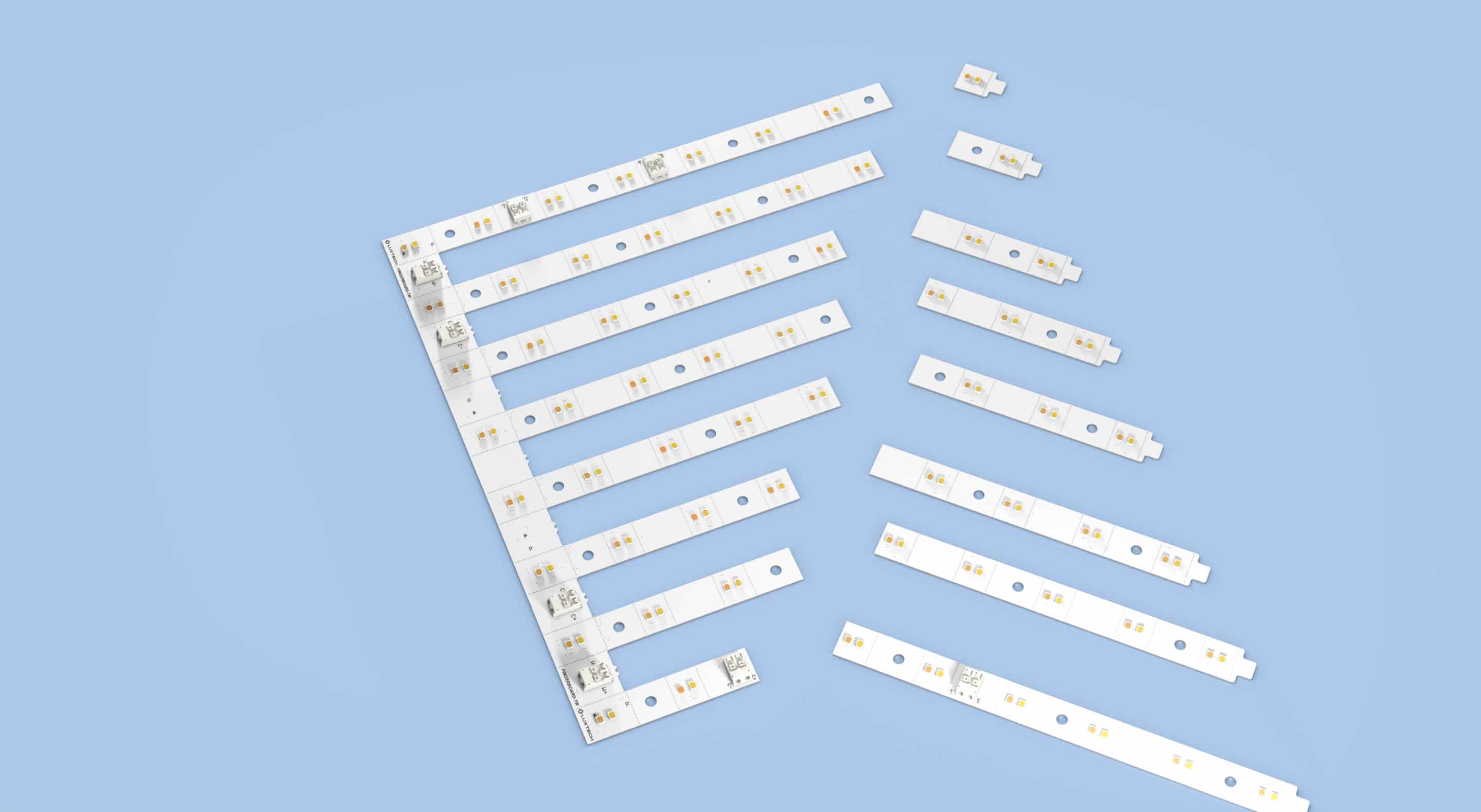 Photo of LUXTECH Fingerboard Tunable White (TW) Area LED Module, highlighting where it is cuttable.
